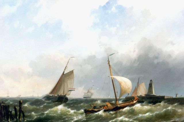 Koekkoek jr. H.  | Zeilschepen voor een havenhoofd, olieverf op doek 38,5 x 54,5 cm, gesigneerd r.o. en gedateerd 1859