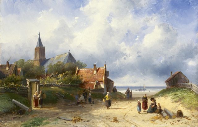 Charles Leickert | Doorkijkje op zee vanuit het dorp, olieverf op paneel, 23,6 x 36,2 cm, gesigneerd r.o.