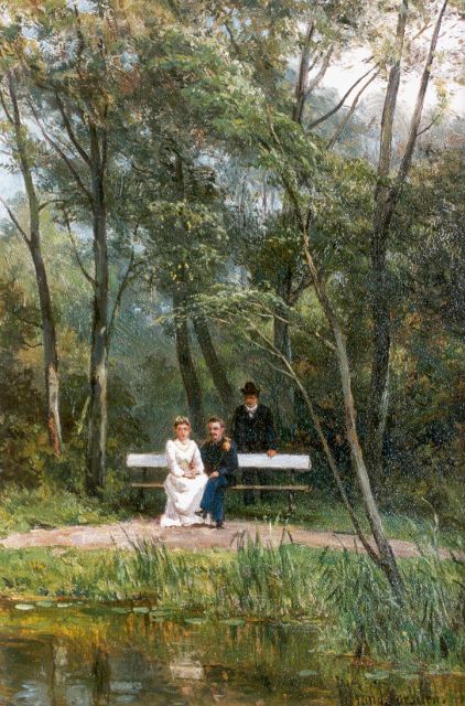 Borselen J.W. van | Elegant echtpaar op een bank in een park, olieverf op paneel 35,8 x 24,5 cm, gesigneerd r.o.