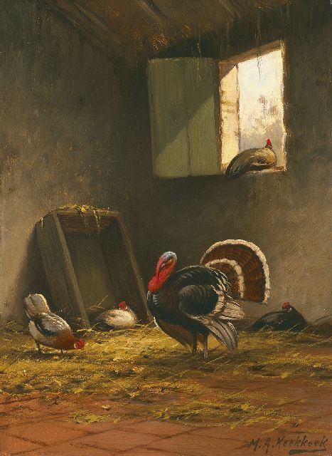 Marinus Adrianus Koekkoek II | Kalkoen en kippen in de stal, olieverf op paneel, 36,0 x 26,5 cm, gesigneerd r.o.