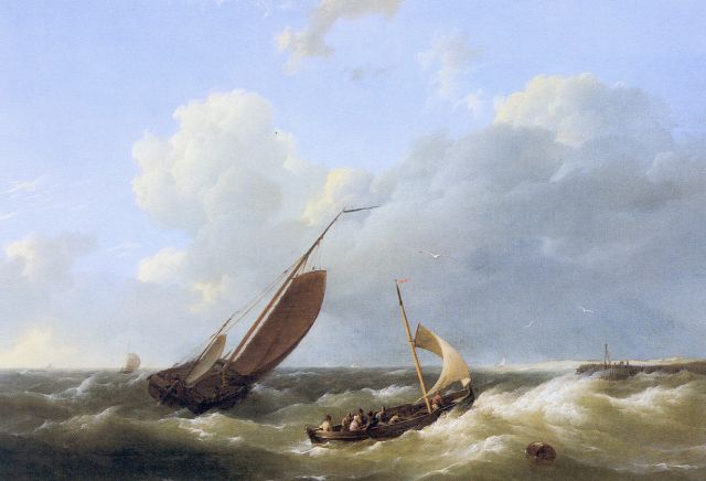 Hermanus Koekkoek | Zeilschepen op woelige zee voor de haven, olieverf op paneel, 24,7 x 33,7 cm, gesigneerd r.o.
