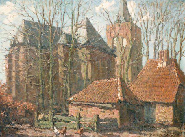 Arnold Koning | Gezicht op de Oude Kerk te Ede, olieverf op doek, 49,7 x 65,5 cm, gesigneerd r.o.