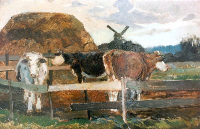 Kruyder H.J.  | Koeien in de melkbocht, olieverf op doek 17,7 x 27,5 cm, gedateerd 1911