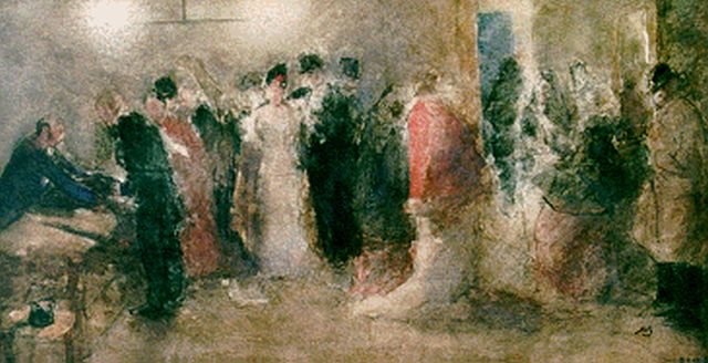 Bauer M.A.J.  | De vestiaire van de Haagse Stadsschouwburg, aquarel op papier 24,3 x 43,8 cm, gesigneerd ro + monogram en gedateerd 1886