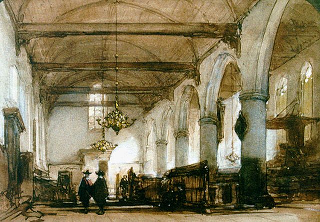Johannes Bosboom | Interieur van de Bakenesserkerk te Haarlem, aquarel op papier, 20,0 x 27,8 cm, gesigneerd l.o.