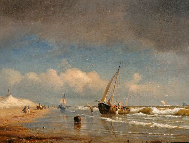 Carl-Robert Kummer | Vissersboten langs de kust, olieverf op doek, 19,2 x 23,9 cm, gesigneerd l.o. en gedateerd 1854