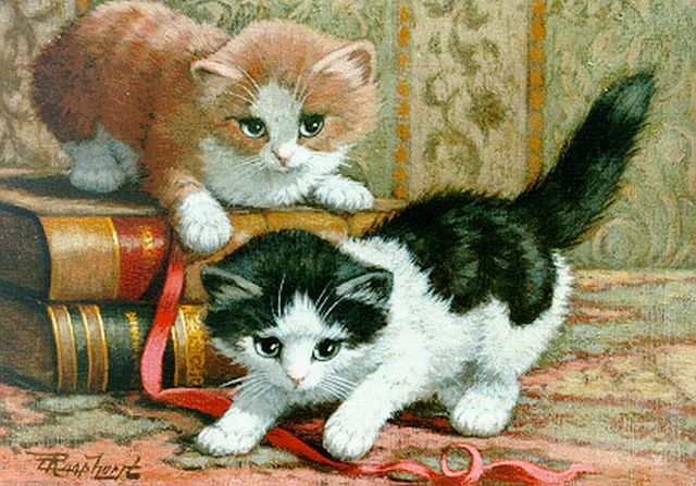 Raaphorst C.  | Jonge katjes bij boeken, olieverf op doek 20,3 x 27,0 cm, gesigneerd l.o.