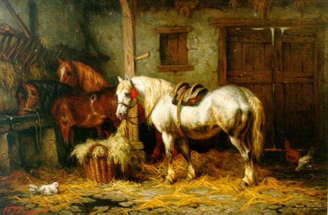 Willem Johan Boogaard | Drie paarden in een stal, olieverf op paneel, 26,8 x 39,9 cm, gesigneerd l.o. en gedateerd 1881