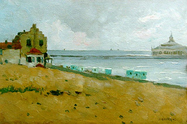 Jan Harm Weijns | Strandgezicht met pier, 21,0 x 31,2 cm, gesigneerd r.o.