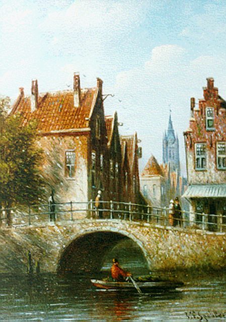 Spohler J.F.  | Zomers gezicht op Delft, olieverf op paneel 12,0 x 8,7 cm, gesigneerd r.o.