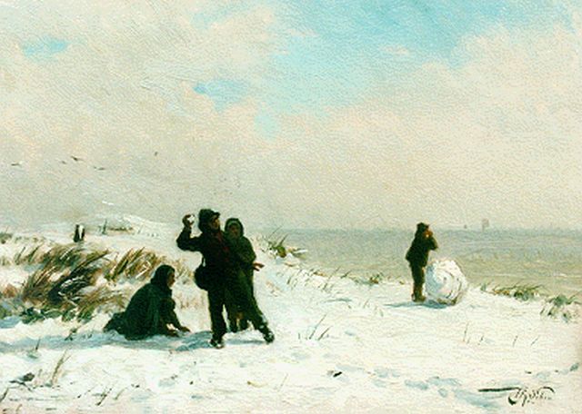 Henri van Seben | Sneeuwpret in de duinen, olieverf op paneel, 18,8 x 27,0 cm, gesigneerd r.o.