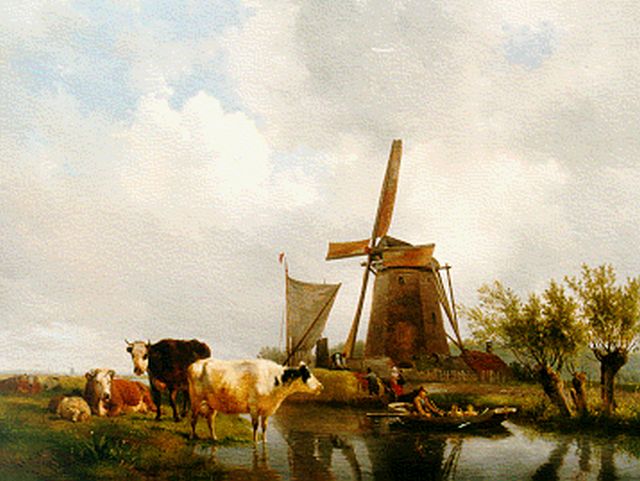 Sande Bakhuyzen H. van de | Zomers landschap met molen en vee, olieverf op paneel 47,7 x 63,5 cm, gesigneerd l.o.