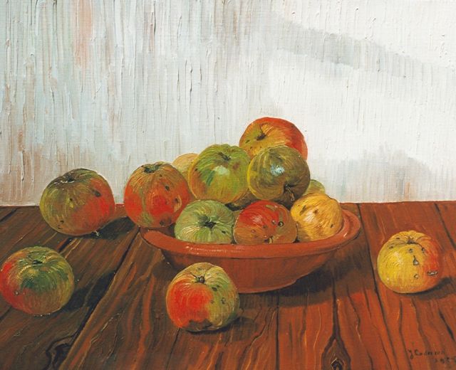 Lodeizen J.  | Stilleven met appels op een eiken tafel, olieverf op doek 40,0 x 50,3 cm, gesigneerd r.o. en gedateerd 1925