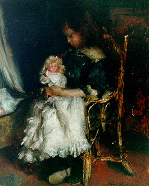 Roelofs O.W.A.  | Albertien met pop met witte jurk op schoot, olieverf op paneel 27,0 x 21,8 cm, gesigneerd r.o. en gedateerd '10