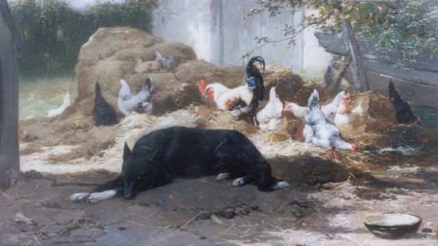 Maes E.R.  | On duty, hond bewaakt de kippen, olieverf op paneel 20,5 x 36,0 cm, gesigneerd l.o.