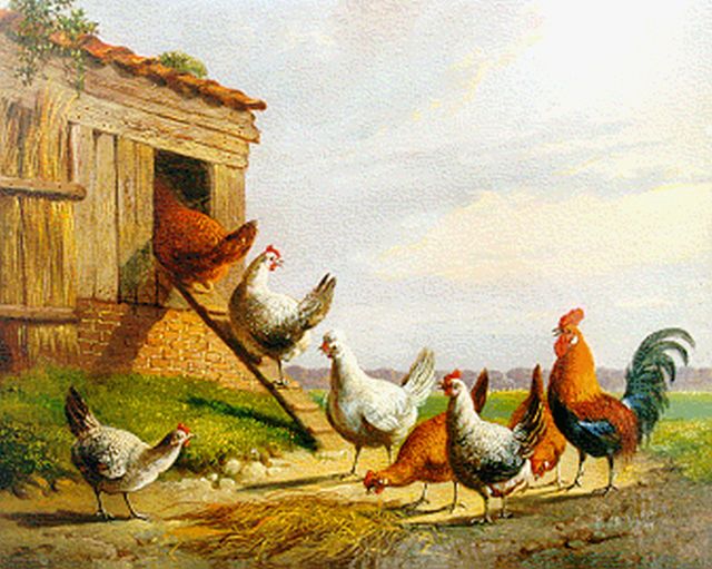 Verhoesen A.  | Haan met kippen bij het hok, olieverf op paneel 13,5 x 17,1 cm, gesigneerd r.o. en gedateerd 1871