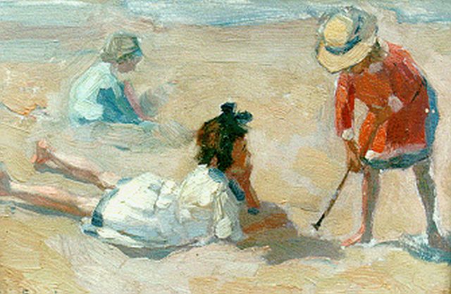 Soonius L.  | Spelende kinderen op het strand, olieverf op paneel 18,0 x 25,4 cm, gesigneerd l.o. en gedateerd 1918