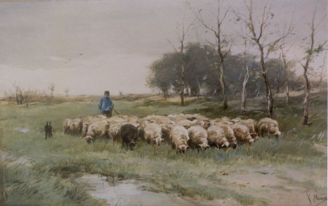 Mauve A.  | Herder met zijn kudde schapen (toe), aquarel op papier 31,5 x 50,0 cm, gesigneerd r.o.