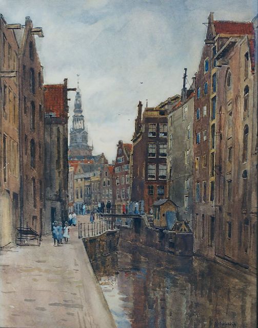 Bobeldijk F.  | Oude Kolk te Amsterdam met op achtergrond Montelbaanstoren, aquarel op papier 57,5 x 44,5 cm, gesigneerd r.o. en gedateerd '19