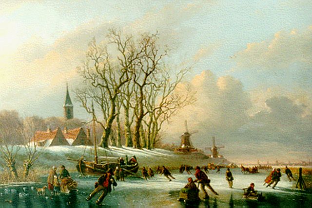 Meijier A.A. de | IJspret op een bevroren poldervaart, olieverf op paneel 45,7 x 67,6 cm