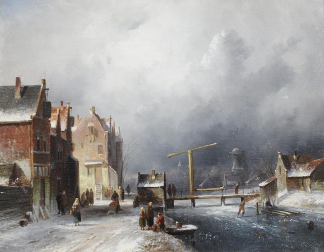 Charles Leickert | Hollands stadsgezicht bij winter, olieverf op doek, 35,2 x 44,4 cm, gesigneerd r.o.