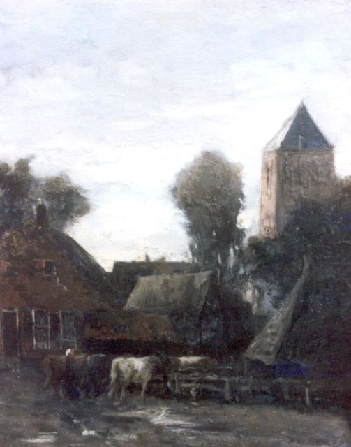 Hendrik Willem Mesdag | Dorpsgezichtje met koeien, olieverf op paneel, 31,7 x 25,4 cm, gesigneerd achterzijde