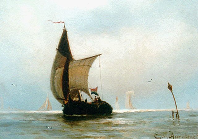 Jacob Eduard van Heemskerck van Beest | Platbodem op zee, olieverf op paneel, 25,0 x 34,5 cm, gesigneerd r.o.