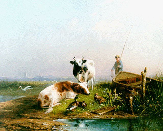 Knip A.  | Koeien en een visser bij een stroom, olieverf op paneel 21,3 x 26,8 cm, gesigneerd l.o.