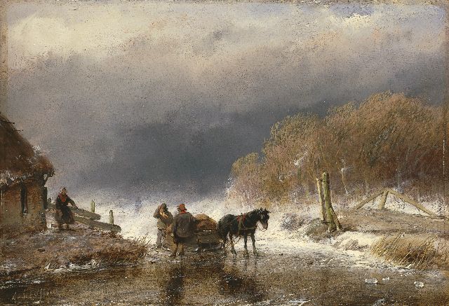 Schelfhout A.  | Figuren en paard op het ijs, olieverf op paneel 15,8 x 23,0 cm, gesigneerd l.o.