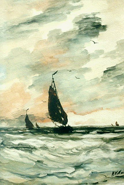 Hendrik Willem Mesdag | Schepen op ruwe zee, aquarel op papier, 54,9 x 38,4 cm, gesigneerd r.o.