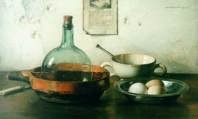 Bogaerts J.J.M.  | Stilleven met nap en eieren, olieverf op doek 39,9 x 65,1 cm, gesigneerd r.b. en gedateerd 1933