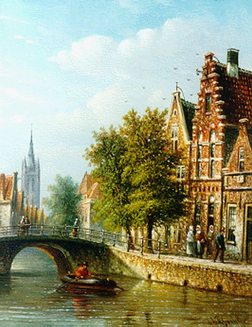 Johannes Franciscus Spohler | Stadsgracht in de zomer, olieverf op paneel, 20,4 x 15,8 cm, gesigneerd r.o.