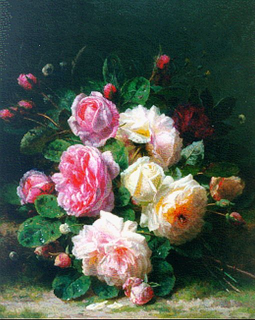 Jean-Baptiste Robie | Rozen op bosgrond, olieverf op paneel, 48,2 x 39,6 cm, gesigneerd r.o.