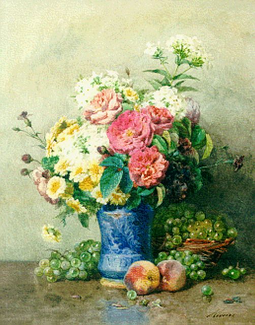 Rivoire F.  | Stilleven met rozen, phloxen en fruit, aquarel op papier 58,4 x 46,4 cm, gesigneerd r.o.