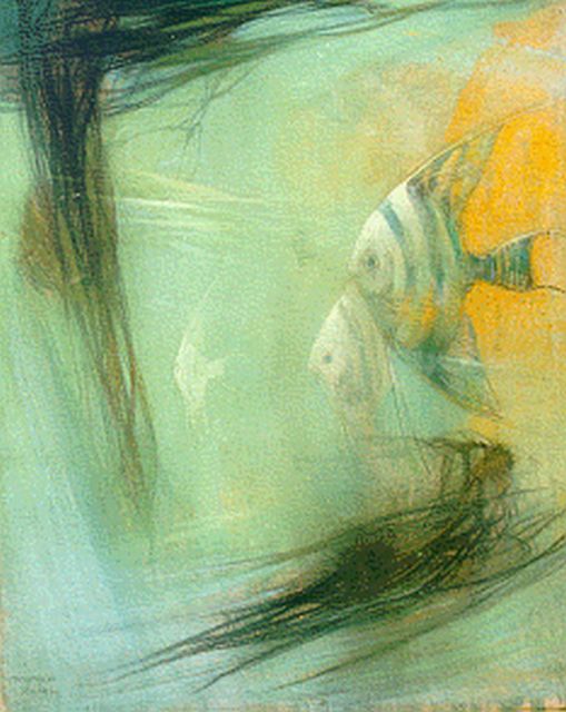 Hoff A.J. van 't | Maanvissen in aquarium, pastel op papier 63,5 x 54,0 cm, gesigneerd r.o.