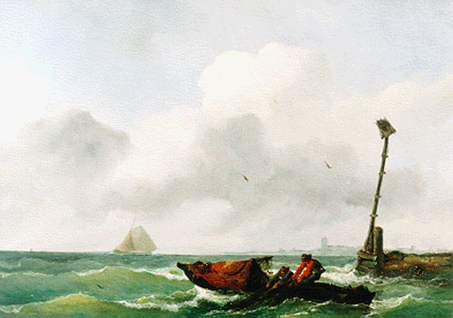 Albertus van Beest | Het ophalen van de vissersnetten, olieverf op paneel, 36,7 x 52,2 cm, gesigneerd r.o.