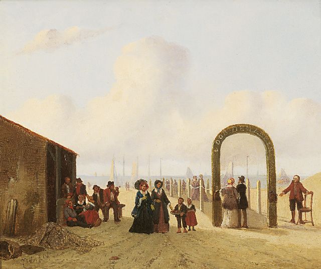 Joseph Bles | Gezicht op het Kalhuis en de loopbrug, Scheveningen, olieverf op paneel, 21,8 x 26,4 cm, gesigneerd l.o.