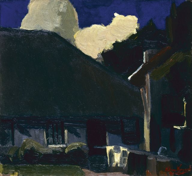 Piet van Wijngaerdt | Boerenwoning met blauwe lucht en witte wolken, olieverf op doek, 38,4 x 41,4 cm, gesigneerd r.o. en te dateren ca. 1915