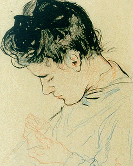 Gestel L.  | Portret van Antje, zuster van de schilder, inkt en kleurpotlood op papier 17,0 x 13,5 cm, gesigneerd r.o. monogram