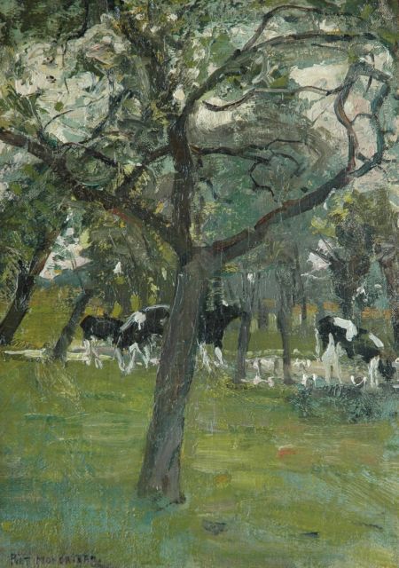 Mondriaan P.C.  | Koeien onder de bomen bij een beekje, olieverf op doek op schildersboard 37,4 x 27,1 cm, gesigneerd l.o. en te dateren ca. 1902-1905