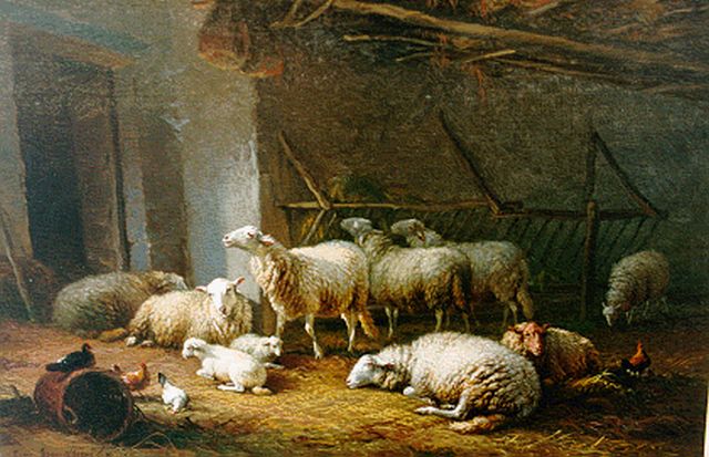 Eugène Verboeckhoven | Pluimvee en schapen in een stal, olieverf op doek, 32,5 x 48,2 cm, gesigneerd l.o. en gedateerd 1860