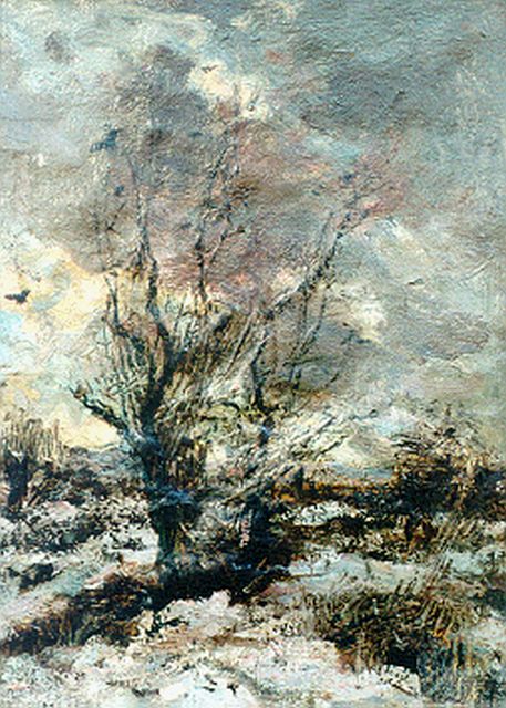 Maris J.H.  | Boom in de winter, olieverf op doek 29,9 x 22,5 cm, gesigneerd r.o.