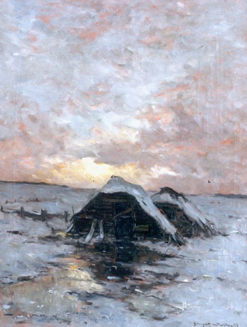 Morgenstjerne Munthe | Zonsondergang in sneeuwlandschap, olieverf op doek, 98,5 x 76,3 cm, gesigneerd r.o. en gedateerd 1913