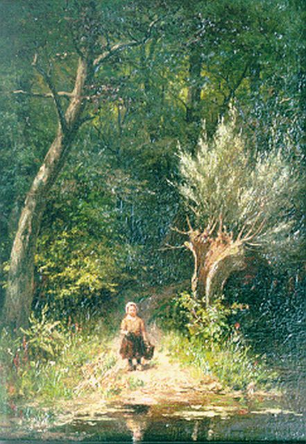 Johan Georg Gerstenhauer Zimmerman | Meisje bij bosvijver, olieverf op paneel, 32,9 x 23,3 cm, gesigneerd r.o.