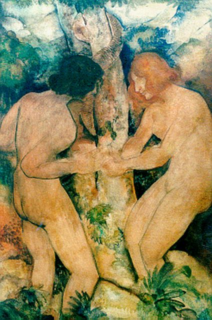 Berg W.H. van den | Adam en Eva, aquarel op board 88,0 x 60,5 cm, gesigneerd r.o.