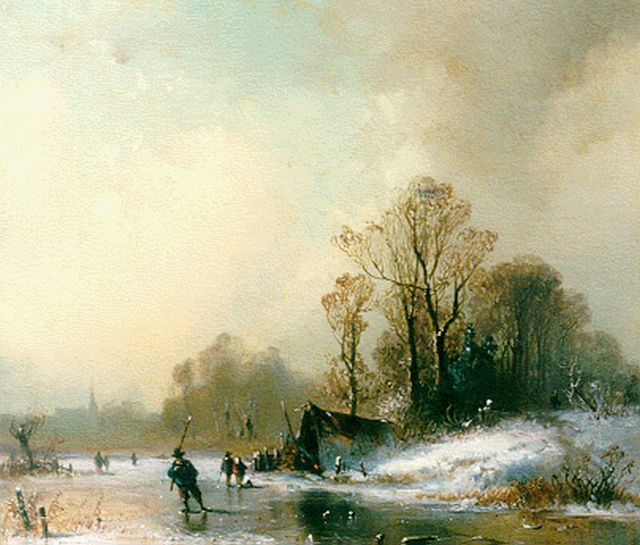 Adolf Stademann | Winterlandschap met figuren op het ijs, olieverf op paneel, 23,1 x 27,0 cm, gesigneerd r.o.