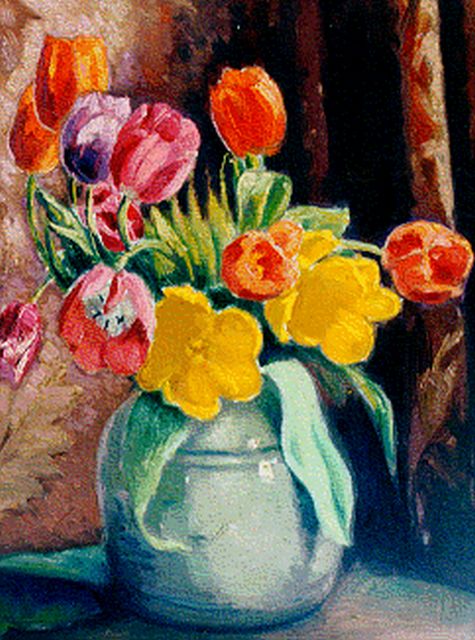 Altink J.  | Bloemstilleven van tulpen in een vaas, 39,9 x 30,1 cm, gesigneerd r.o.