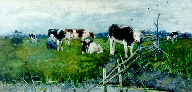 Poggenbeek G.J.H.  | Melkmeid en boer in weiland bij koeien, aquarel op papier 21,6 x 44,3 cm, gesigneerd r.o.