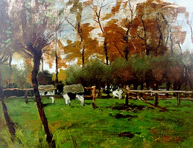 Poggenbeek G.J.H.  | Koeien bij een hek, olieverf op doek op paneel 24,4 x 32,4 cm