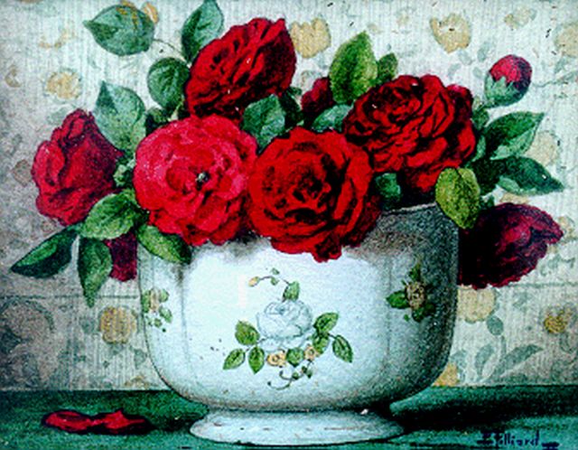 Ernest Filliard | Rode rozen in een pot, aquarel op papier, 13,5 x 16,6 cm, gesigneerd r.o.